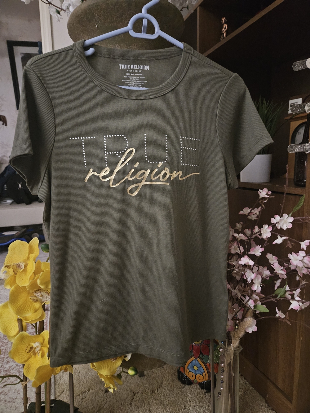 True Religion Olive Green Logo Tee with Gold Script and Rhinestones Size L woman